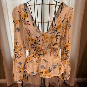 Floral V-Neck Blouse with Smocked Waist